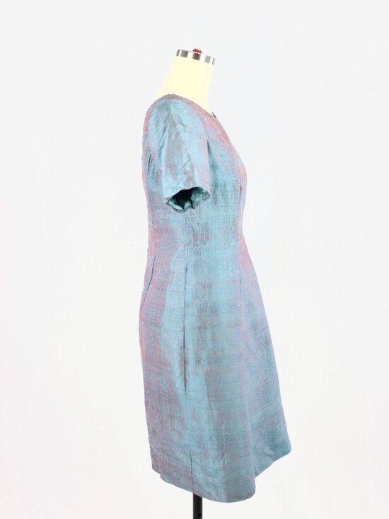 Vintage 60's Unbranded Iridescent Blue Dupioni Silk A-Line Dress, Size S - Picture 2 of 11